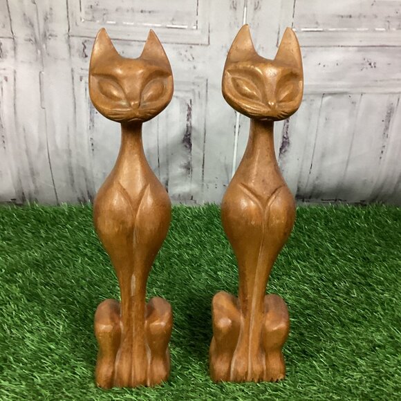 Wooden Teak Cat Mid Century Statue Pair (2)